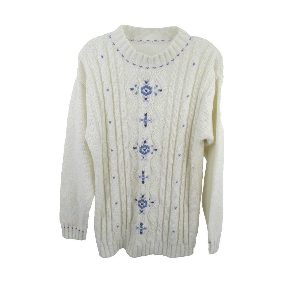 Vintage LIZ CLAIBORNE Pullover Cable Knit Sweater Women L Ivory Cotton Fisherman
